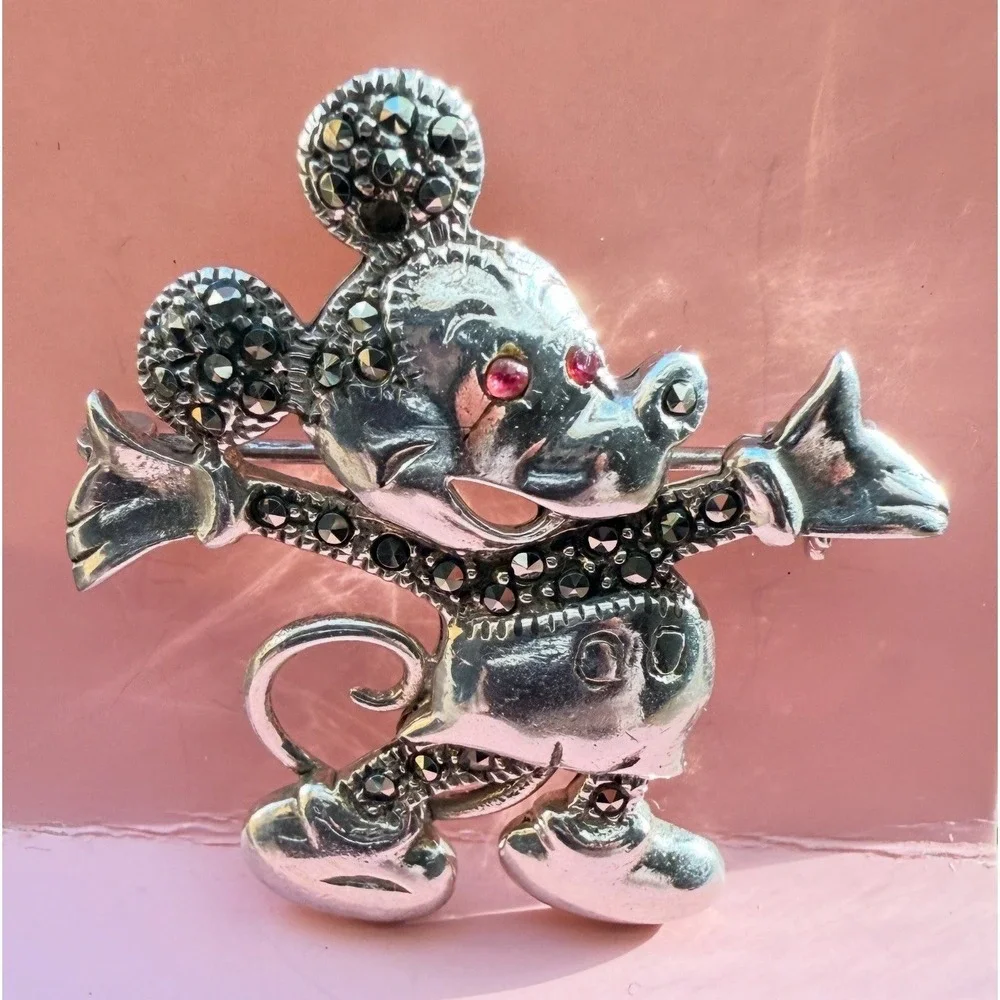 Vintage Mickey Mouse Brooch – Sterling Silver Marcasite‎ & Pink Stone Eyes
